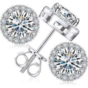 Moissanite Halo Earrings Stud Screw Back 0.2-8.0ct 3-10mm 18K White Gold Plated